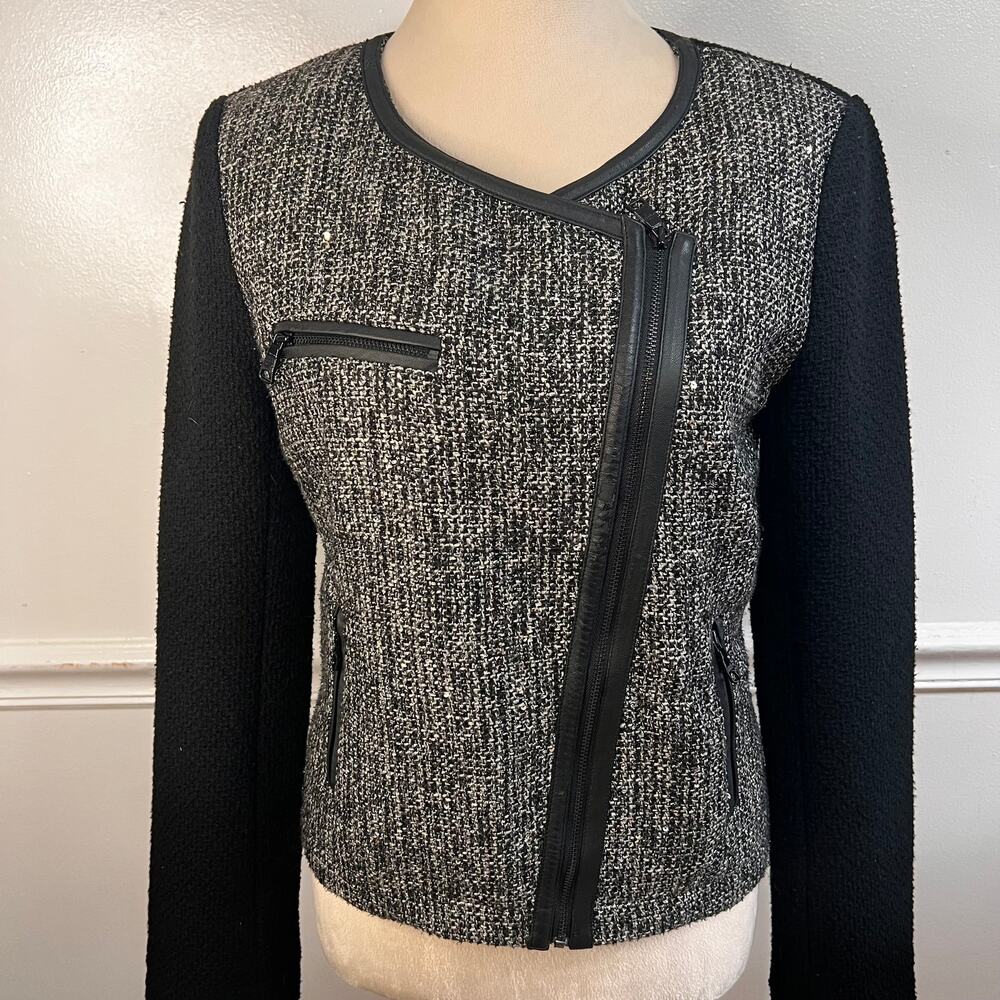 Banana Republic Size 6 Metallic Tweed Asymmetrical Zip Jacket Black